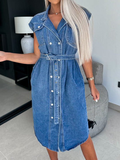 Collared Neck Cap Sleeve Denim Dress.