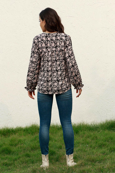 Floral Flounce Sleeve Round Neck Blouse.