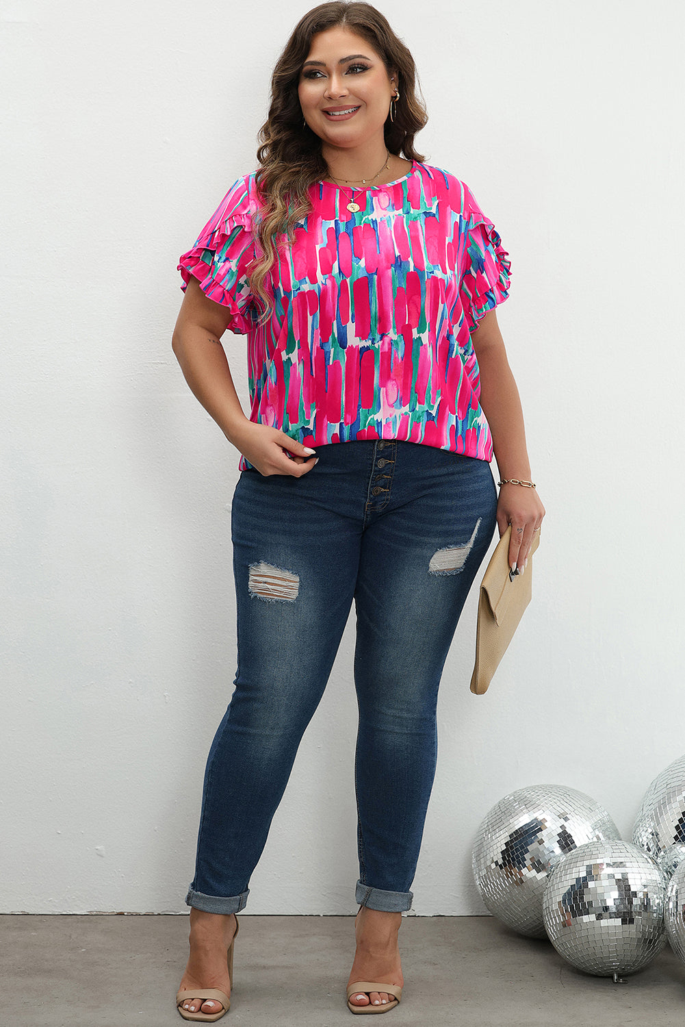 Floral plus size ruffled sleeve blouse with abstract design