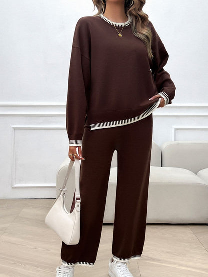 Round Neck Dropped Shoulder Top and Pants Sweater Set.