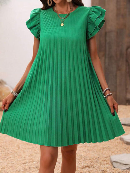 Pleated Round Neck Cap Sleeve Mini Dress.