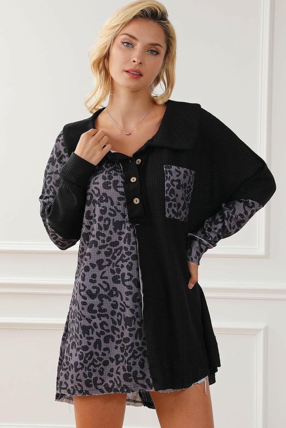 Half Button Leopard Collared Neck Blouse.