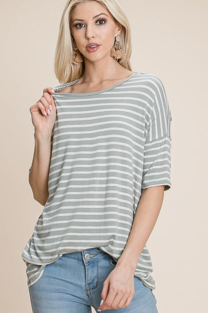 BOMBOM Striped Round Neck T-Shirt.