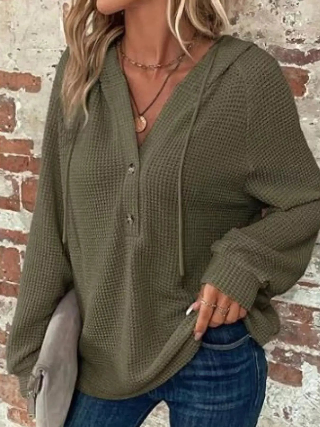 Waffle Knit Button Detail Hoodie Simply Love