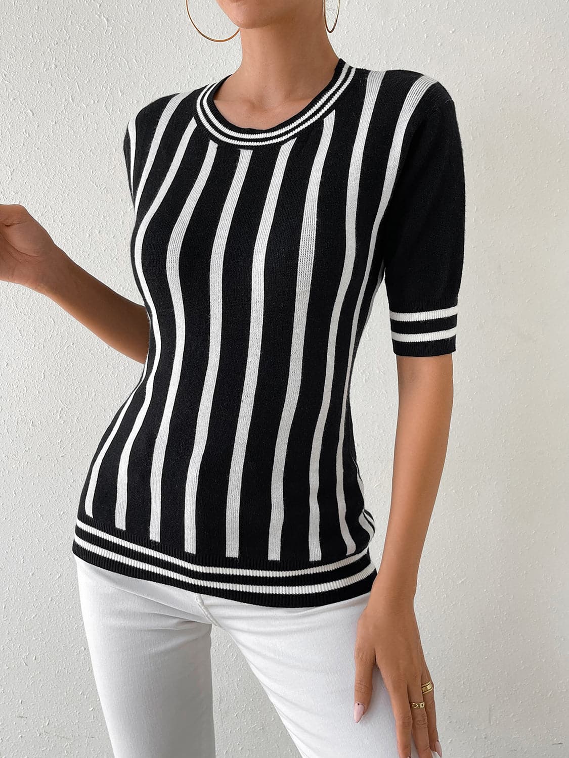 Striped Round Neck Half Sleeve Knit Top.