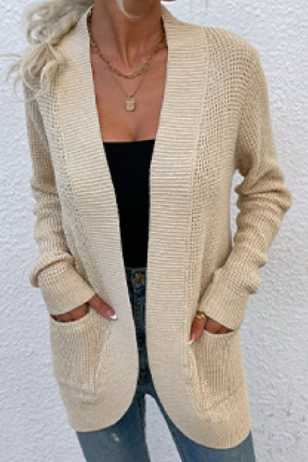 Open Front Rib-Knit Cardigan with Pockets.