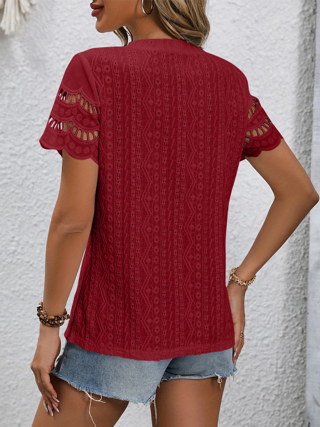 Full Size Eyelet Round Neck Short Sleeve Top.