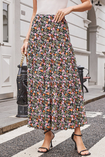 Brown Leopard Floral Reversible Ruffle Hem Maxi Skirt