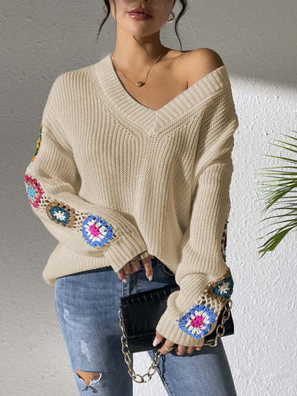 Floral crochet V-neck pullover sweater