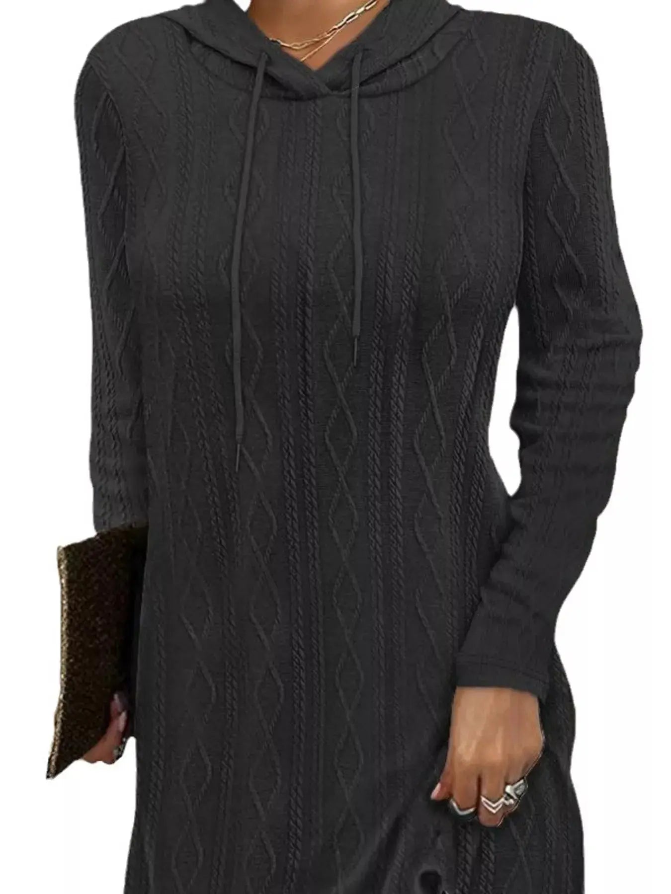 Casual Long Sleeve Hooded Cable Knit Dress With Drawstring Slit Simply Love