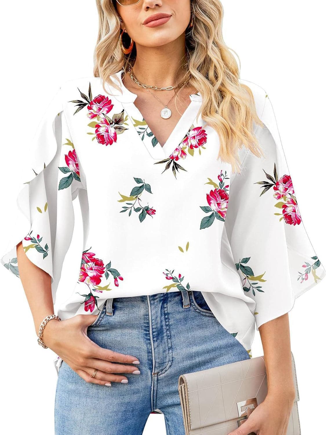 Printed Notched Half Sleeve Blouse.