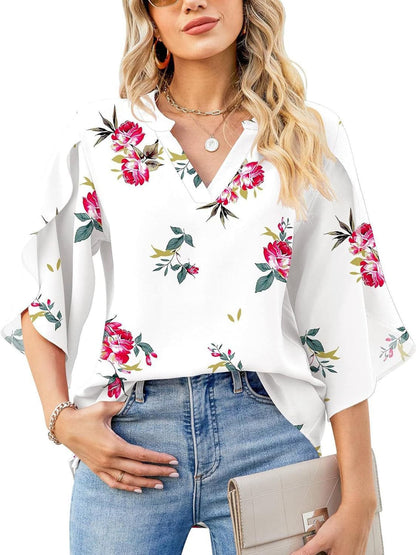 Printed Notched Half Sleeve Blouse.