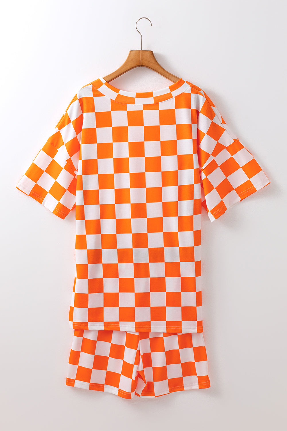 Orange Checkerboard Print V Neck Loose Tee and Shorts Lounge Set