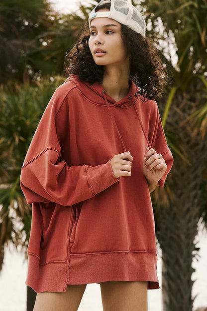 Cozy red clay oversized drawstring hoodie with pockets