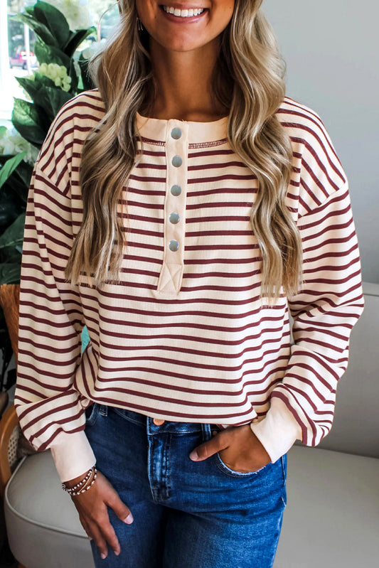 Red Dahlia Striped Print Drop Shoulder Long Sleeve Henley Top For Women Casual Everyday Wear Dear-Lover Dropshipping