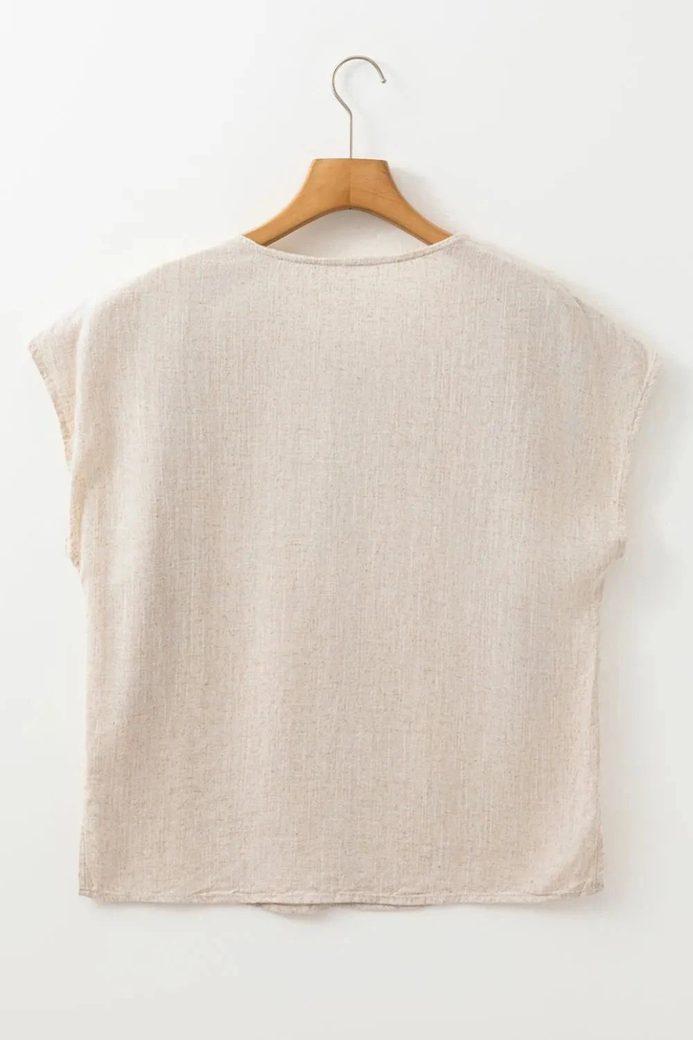 Geometric Embroidered Short Sleeve Tassel Tie Neck Blouse Simply Love