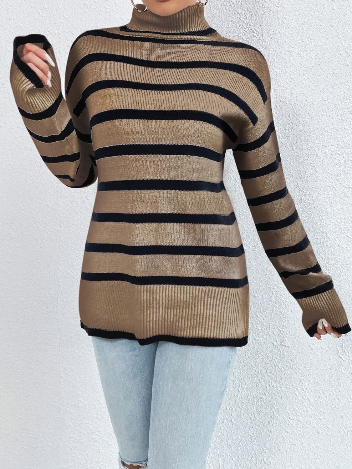 Striped Turtleneck Drop Shoulder Sweater.