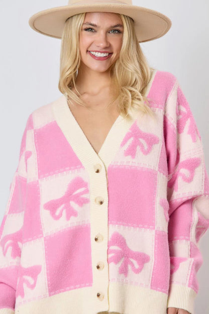 Pink Checkered V-Neck Cardigan with Bow Knot and Drop Shoulder Design