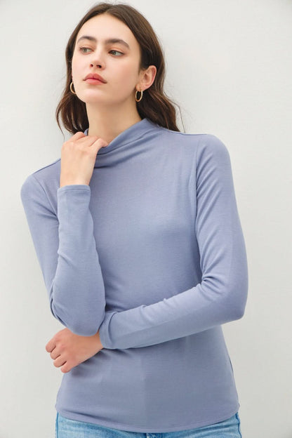 Cool Mock Neck Long Sleeve T-Shirt in blue, featuring a stylish mock neck and soft stretch fabric.