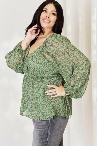 HEYSON Full Size Floral Surplice Peplum Blouse.