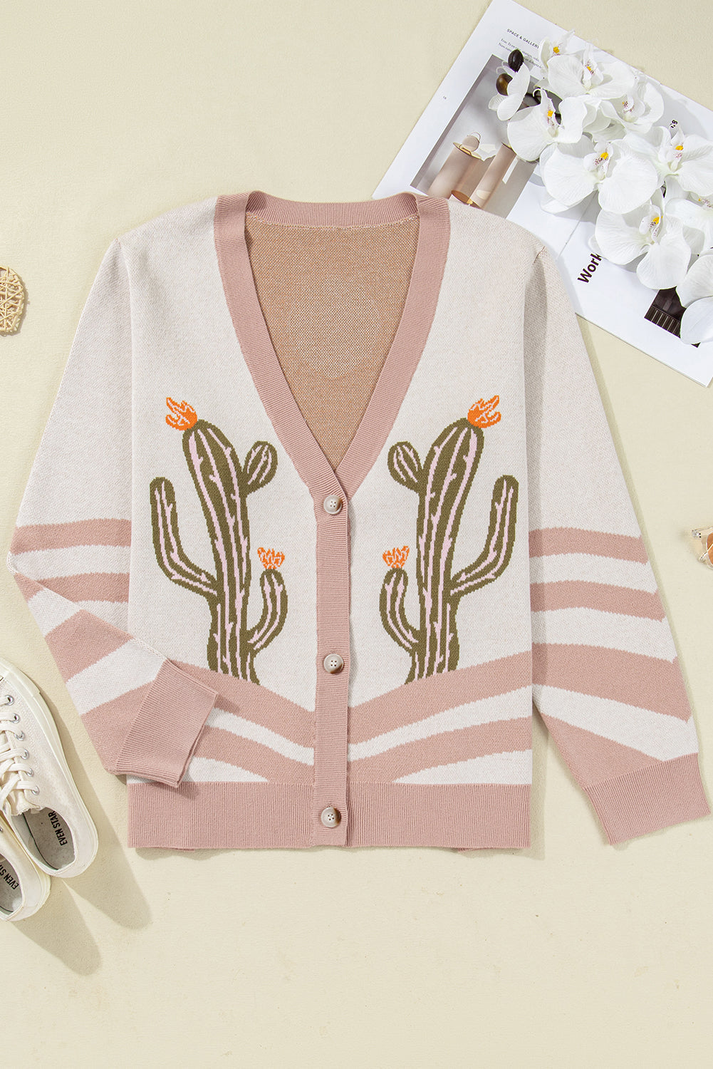 Apricot Desert Cactus Print Plus Size Cardigan Sweater Dear-Lover Dropshipping