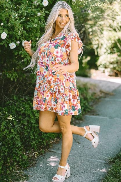 Ruffled Printed Cap Sleeve Mini Dress.