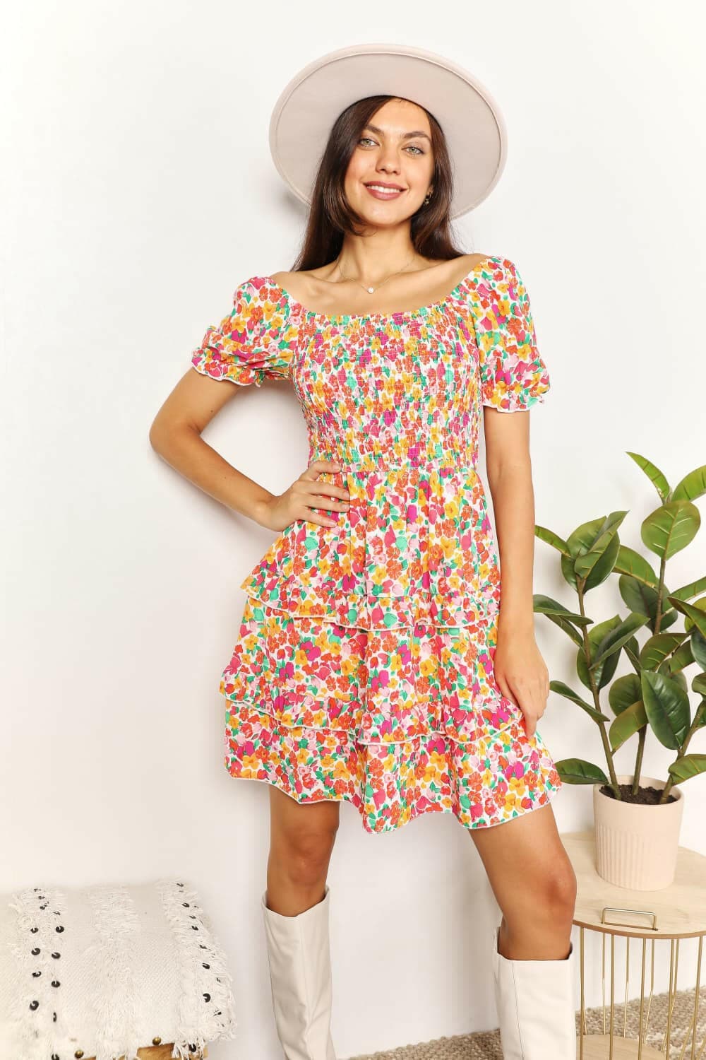 Smocked Sweetheart Neck Flounce Sleeve Mini Dress.