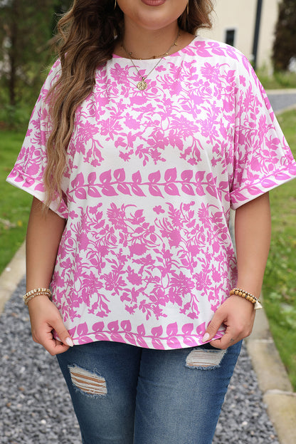 Floral charm plus size curved hem t-shirt in white