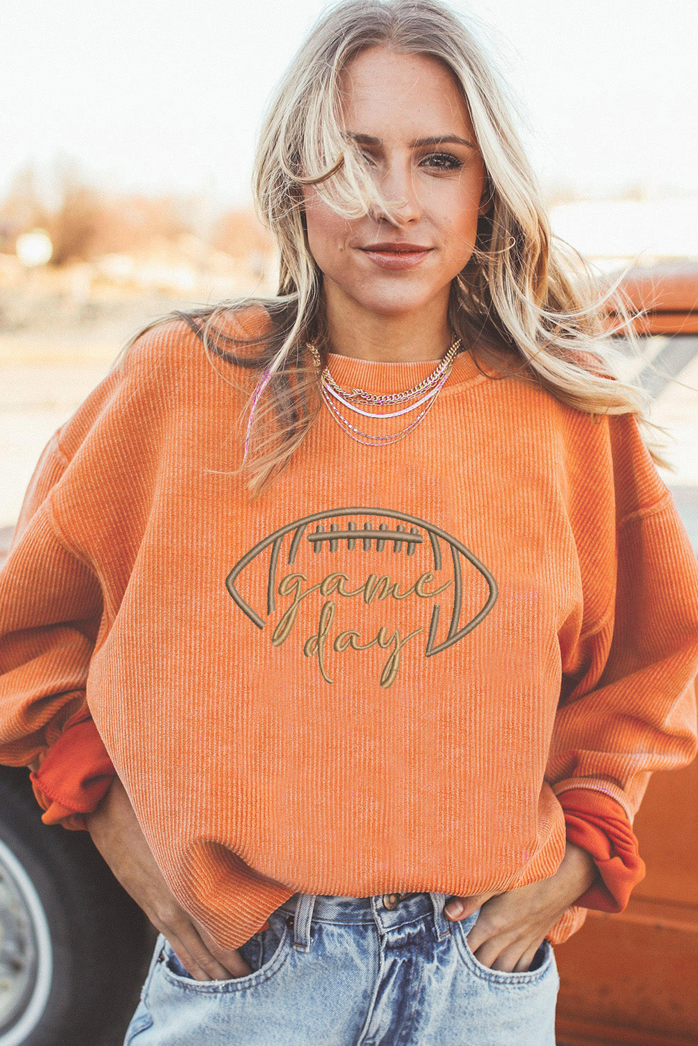 Premium Orange Rugby Game Day Embroidered Corduroy Sweatshirt Dear-Lover Dropshipping