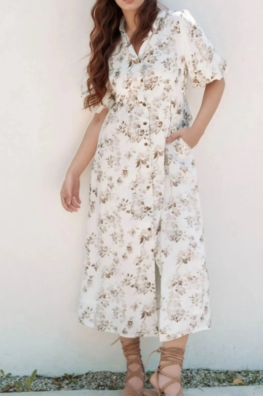 Printed Button Front Puff Sleeve Dress Simply Love