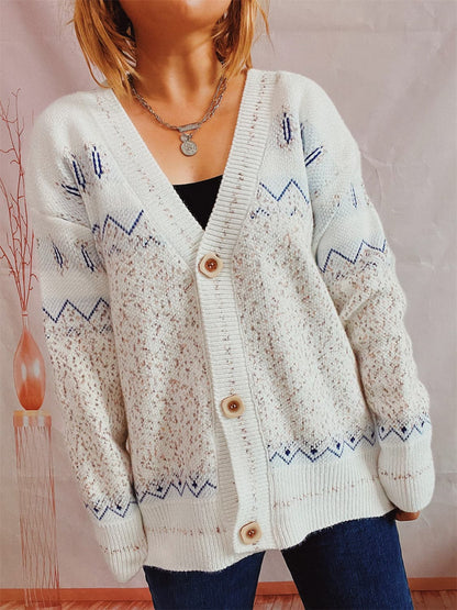 Geometric Button Front Long Sleeve Cardigan.