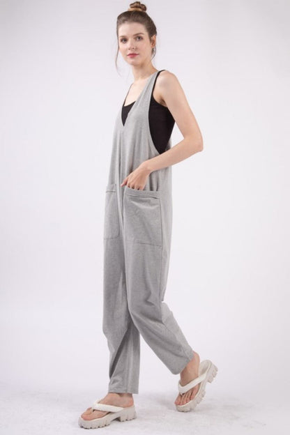 VERY J  Plunge Sleeveless Jumpsuit with Pockets.