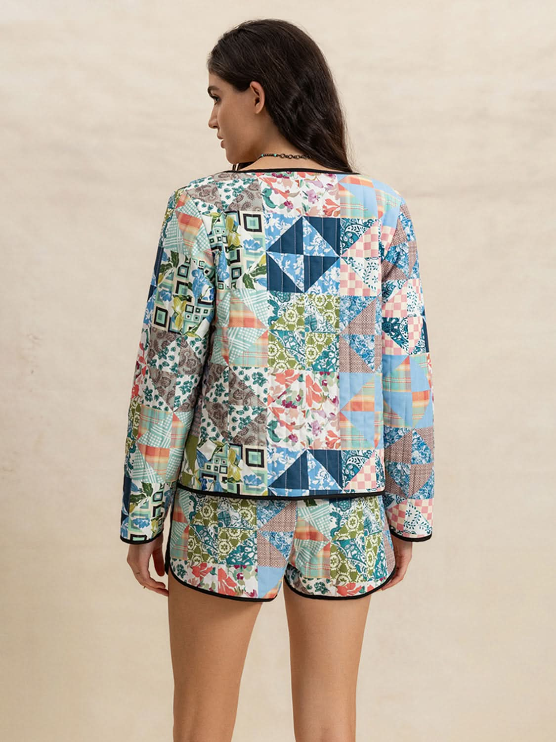 Chic Printed Button-Up Long Sleeve Top and Shorts Ensemble