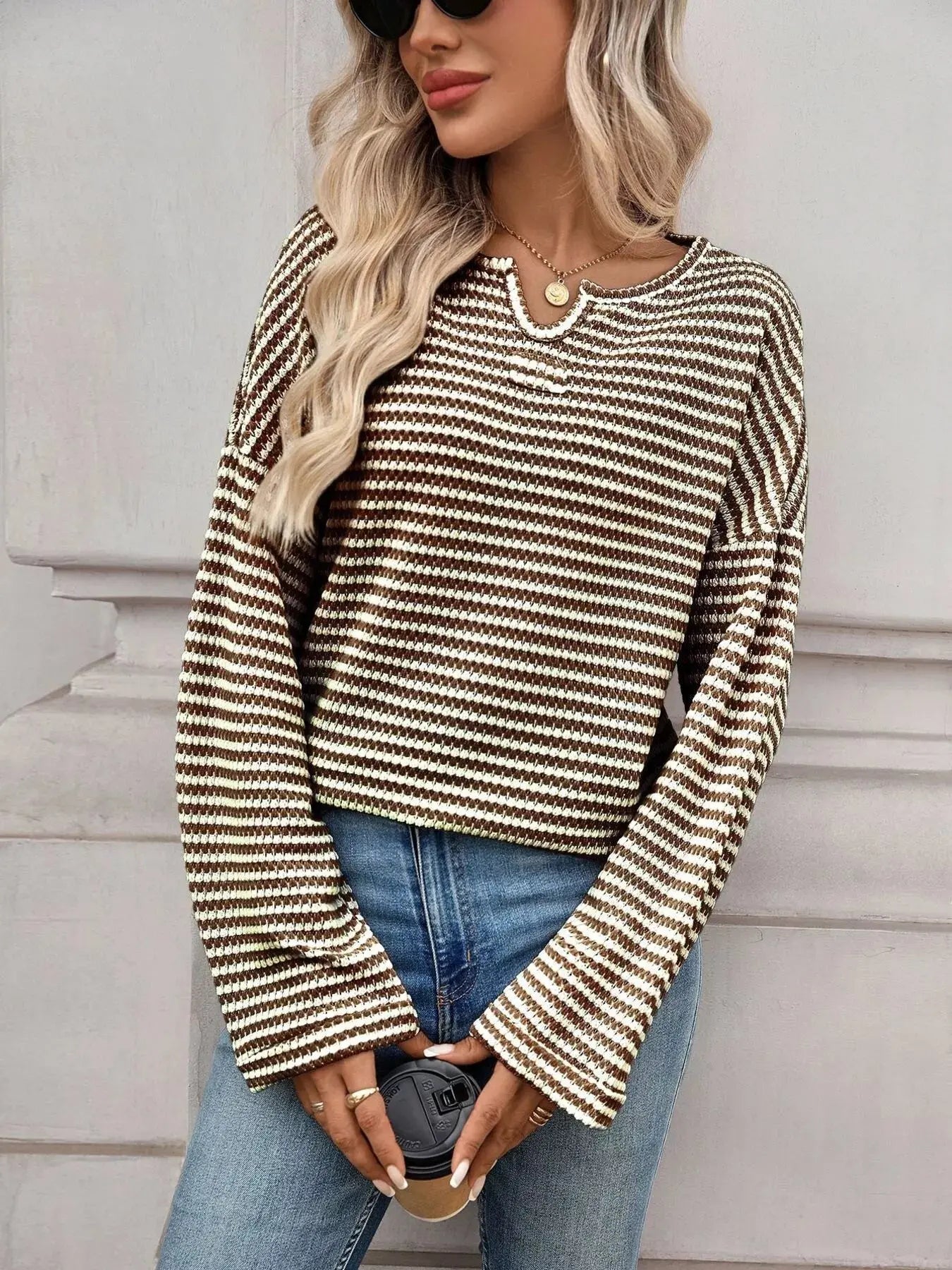 Striped Notched Long Sleeve T-Shirt Simply Love