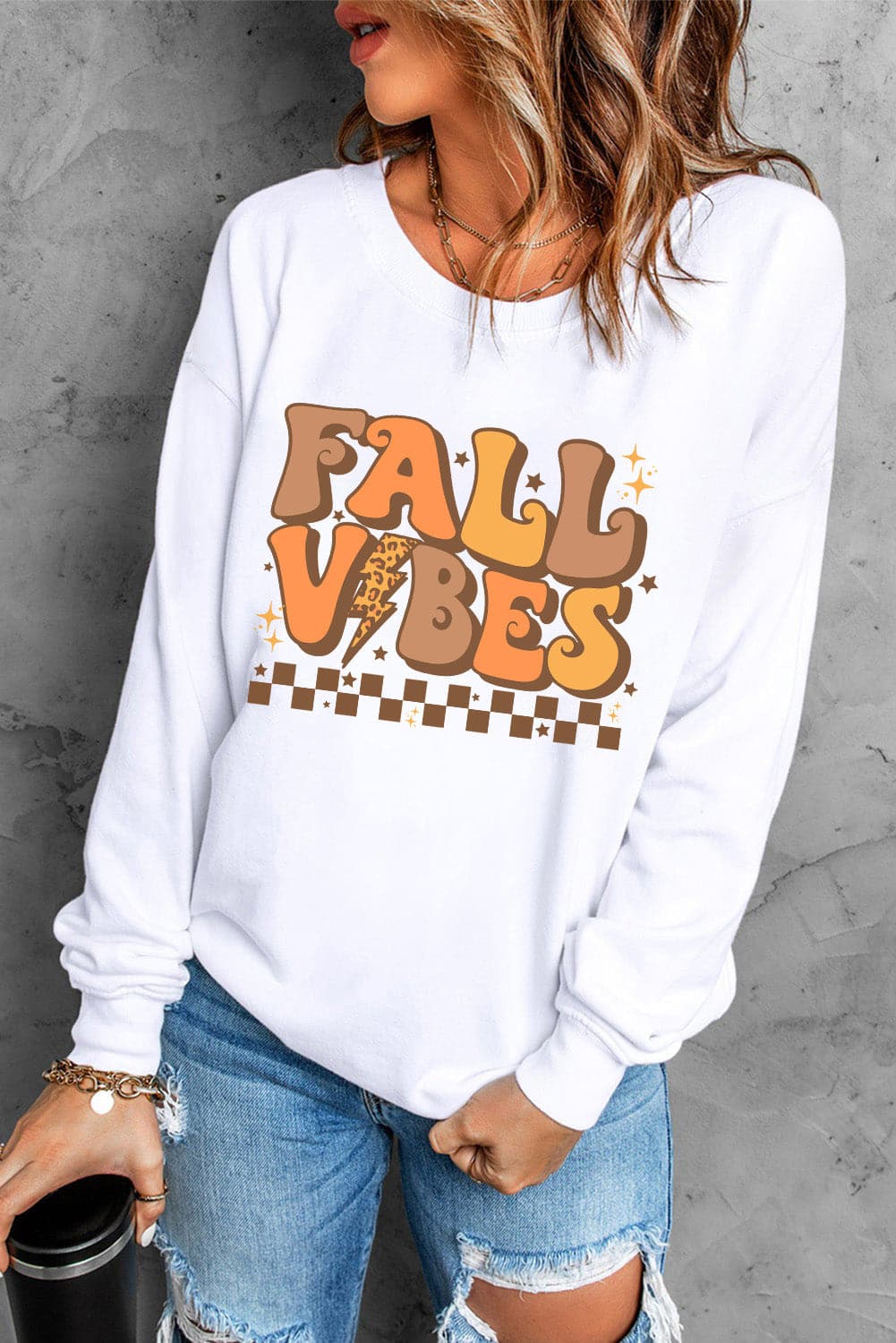 Letter Graphic Round Neck Long Sleeve Sweatshirt.