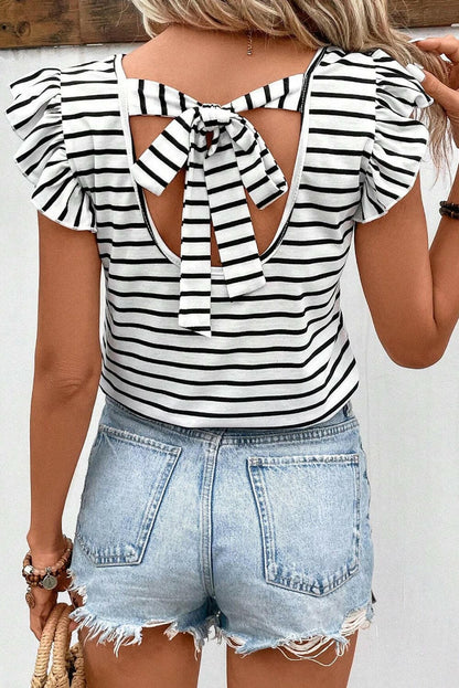 Tied Striped V-Neck Cap Sleeve T-Shirt.