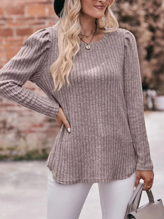 Ribbed Knit Puff Sleeve T-Shirt Simply Love