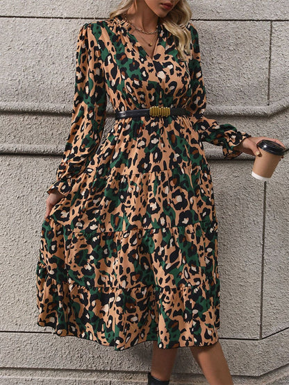 Leopard Notched Flounce Sleeve Midi Dress.