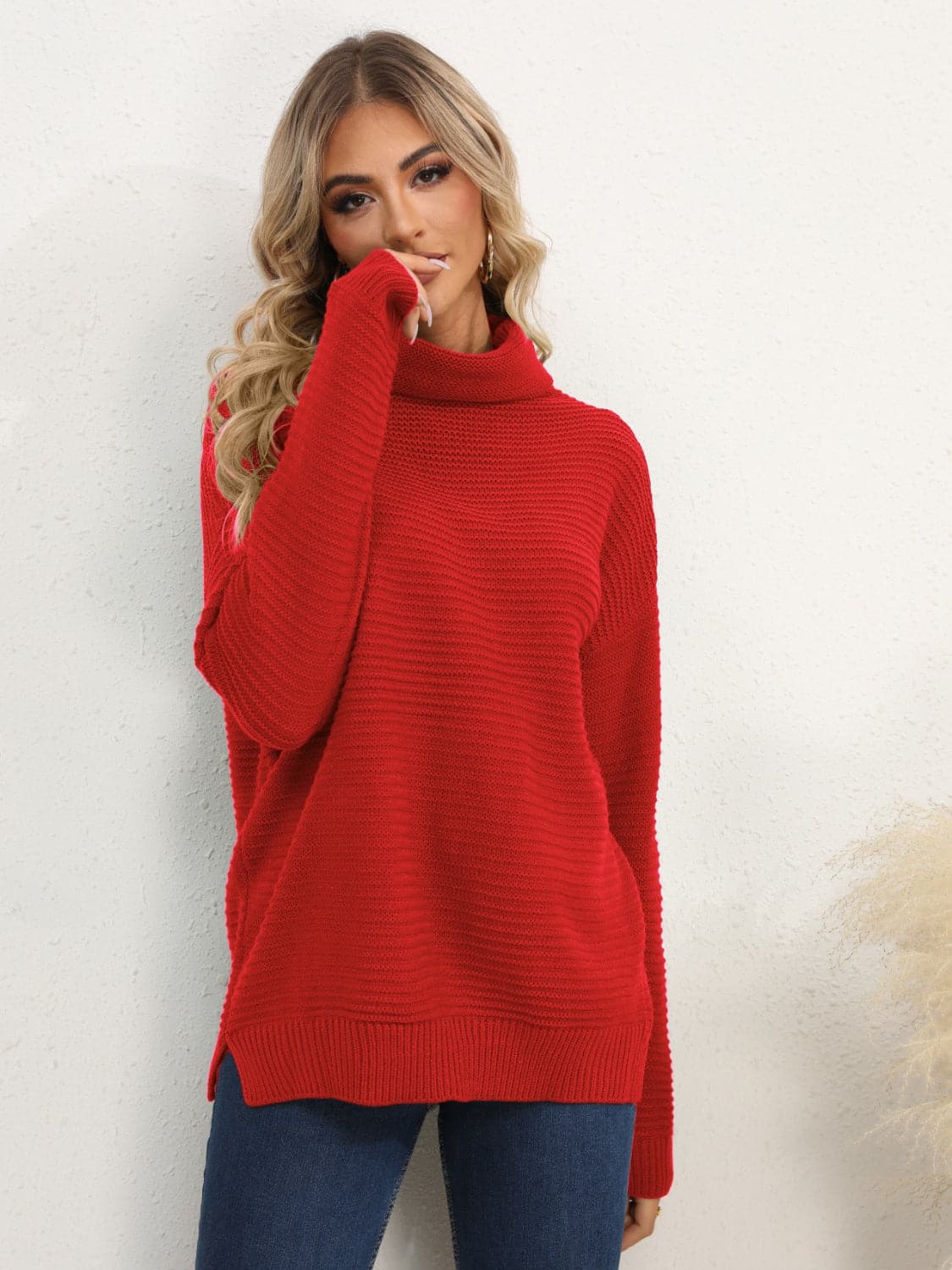 Slit Turtleneck Dropped Shoulder Sweater.