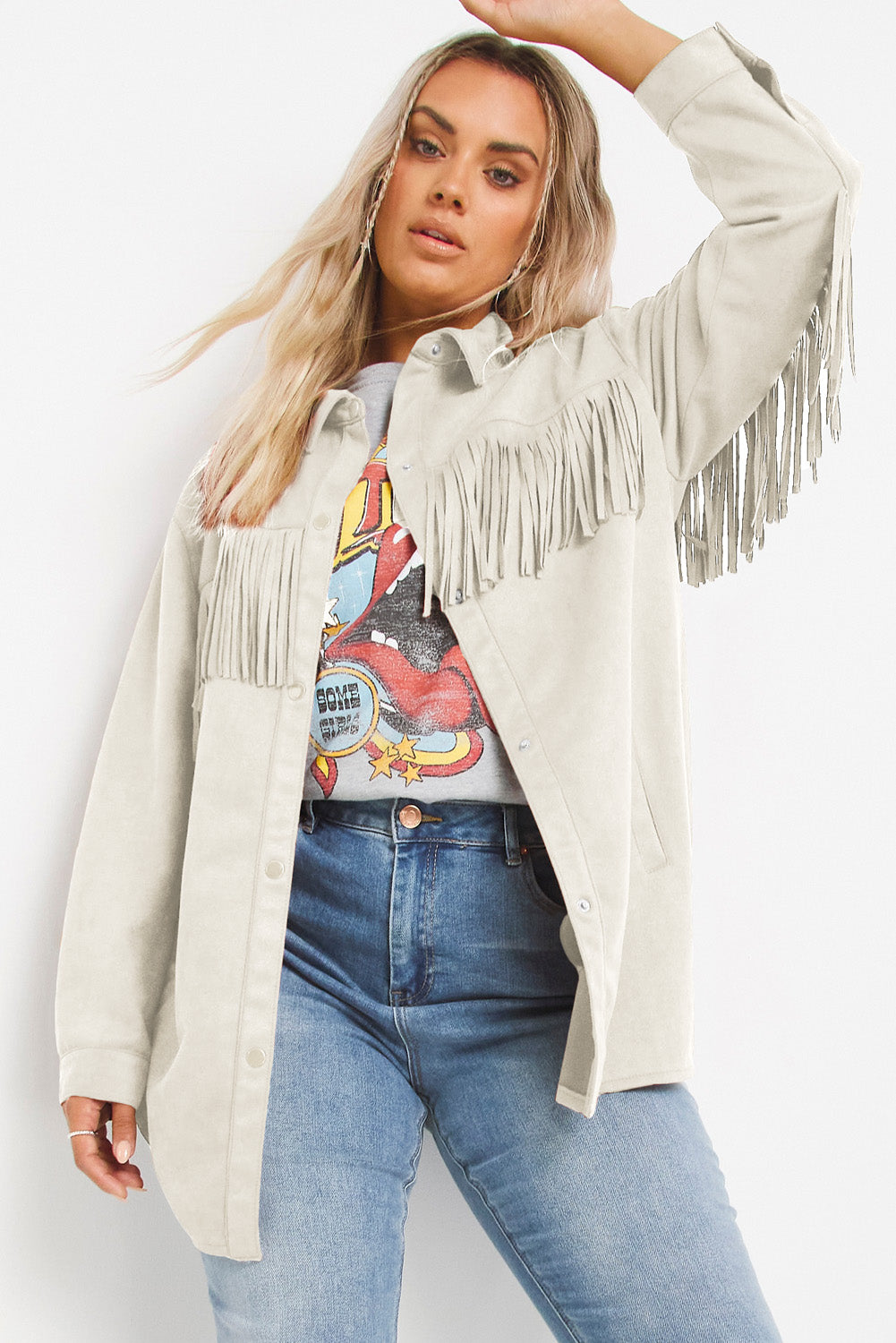 Chic plus size suede shacket with playful fringe detail