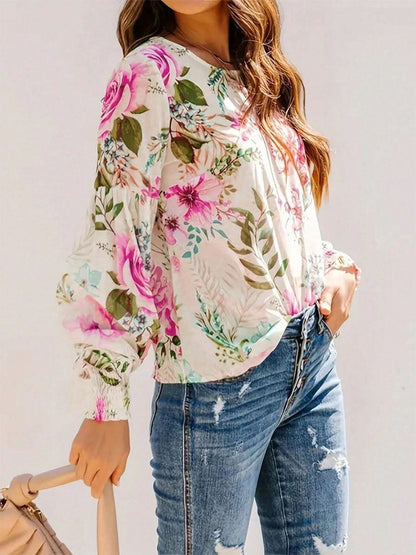 Floral print blouse with lantern sleeves