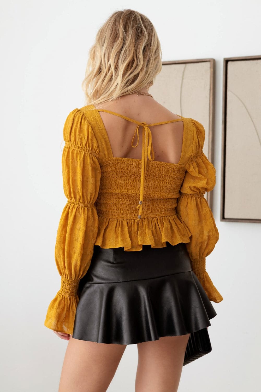 Mustard Seed Boho Shirred Smocked Peplum Long Sleeve Top.