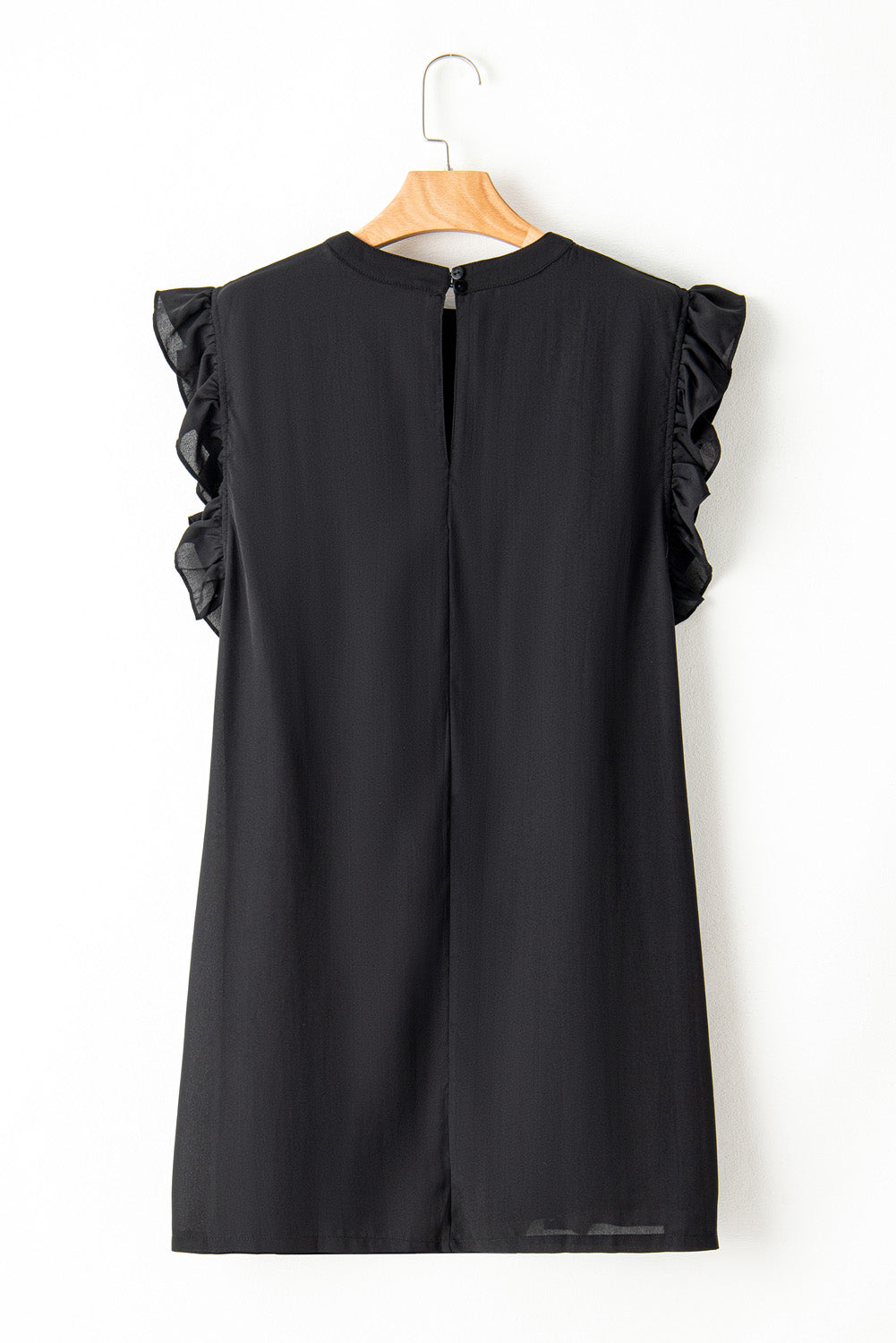 Chic black ruffled plus shift dress with keyhole back