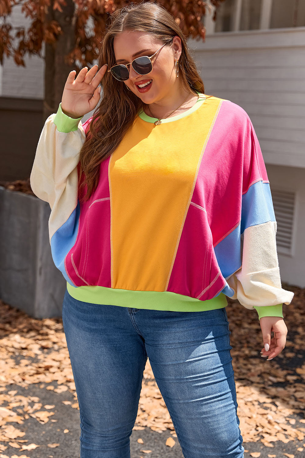 Rose red plus size colorblock sweatshirt