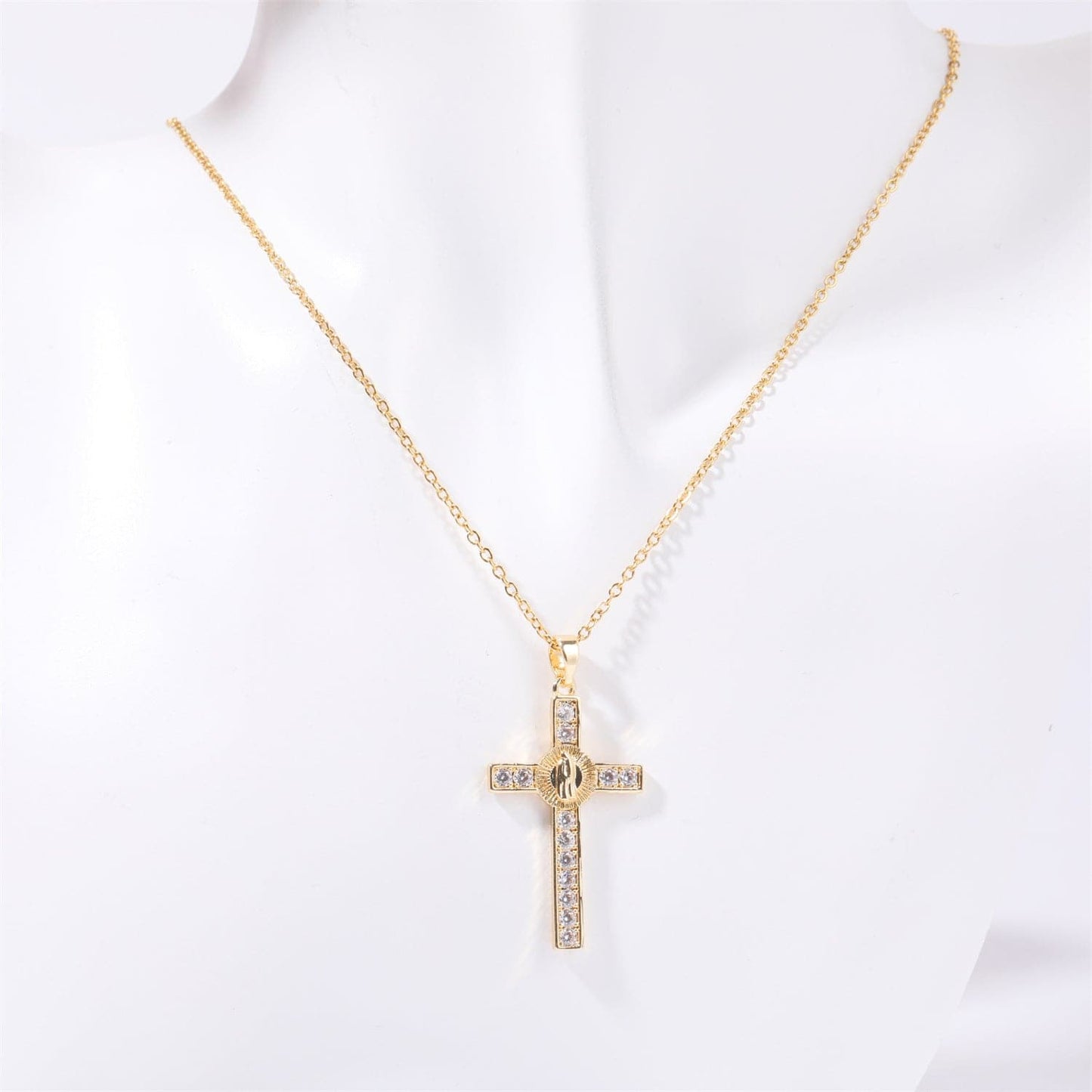 Stainless Steel Inlaid Zircon Cross Necklace.