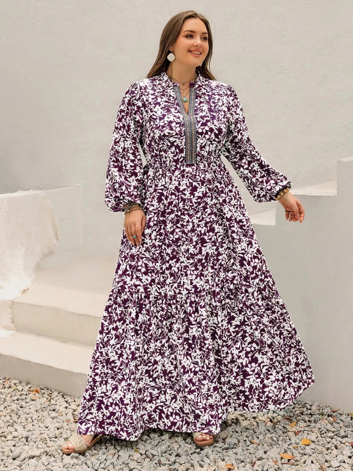 Plus Size Floral Print Maxi Dress with Long Sleeves Simply Love