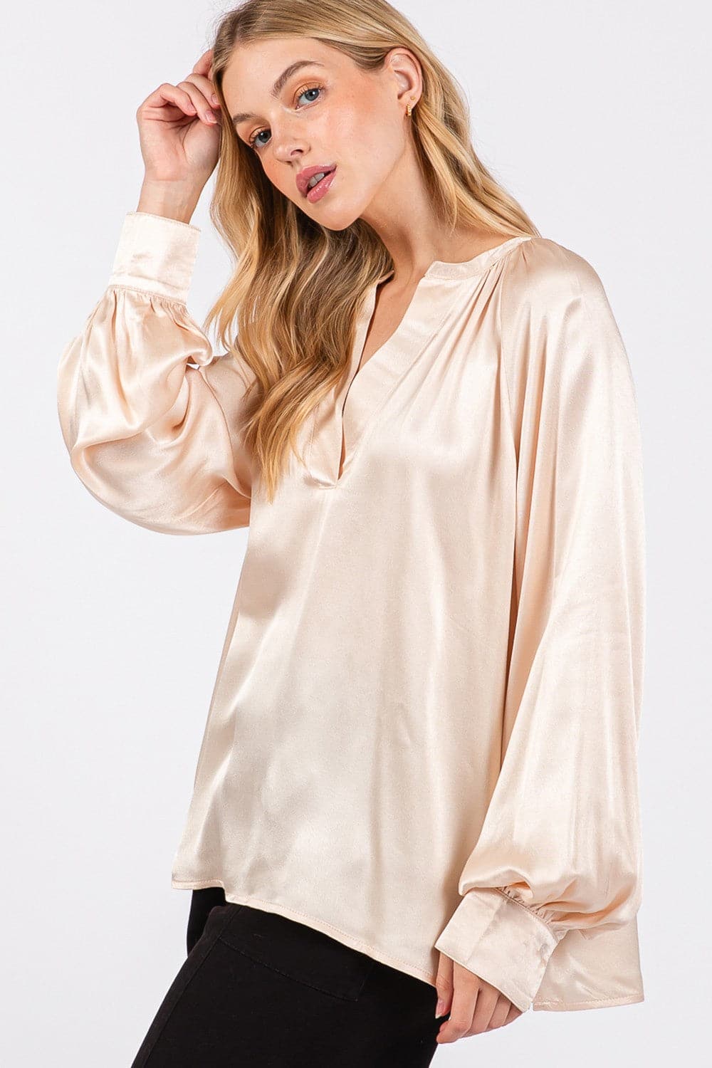 Chic notched long sleeve blouse by SAGE + FIG