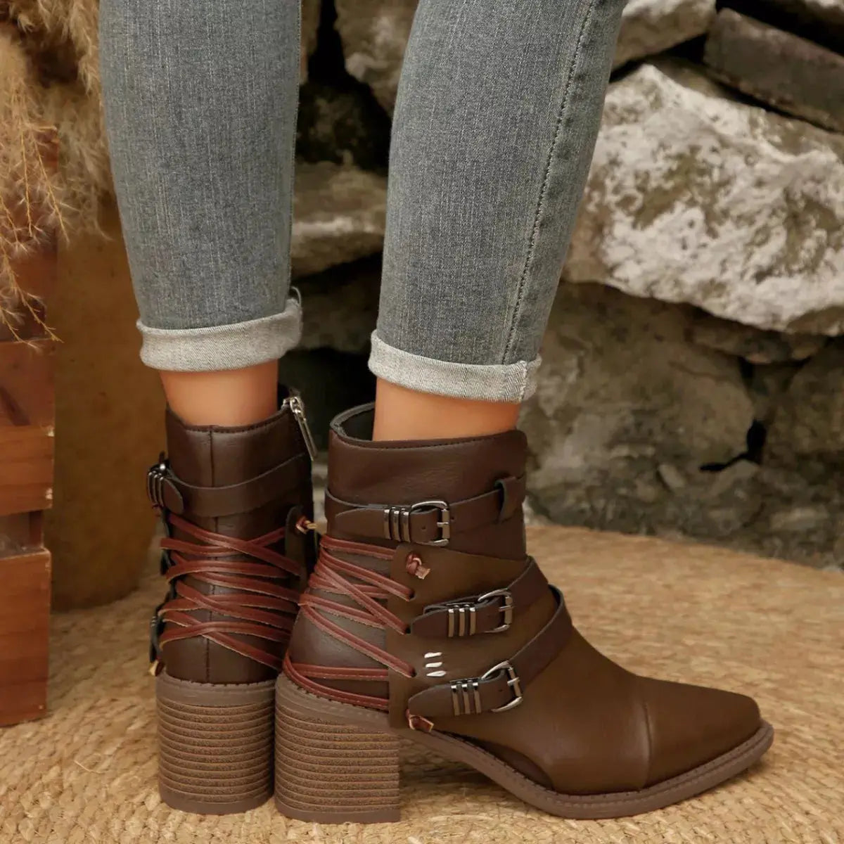 Point Toe Buckle Strap Ankle Boots with Block Heels Simply Love