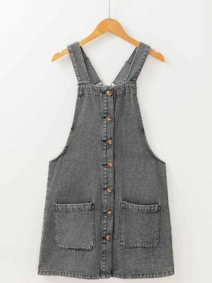 Wide Strap Button Down Denim Overall Dress