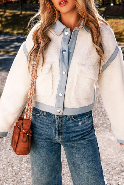 Chic white sherpa jacket with contrast trim and button closure